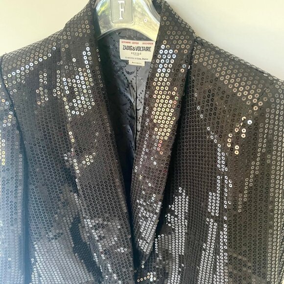 Zadig & Voltaire Vive Sequin Tuxedo Blazer Black Sparkle Jacket Womens M 38 - Picture 9 of 13